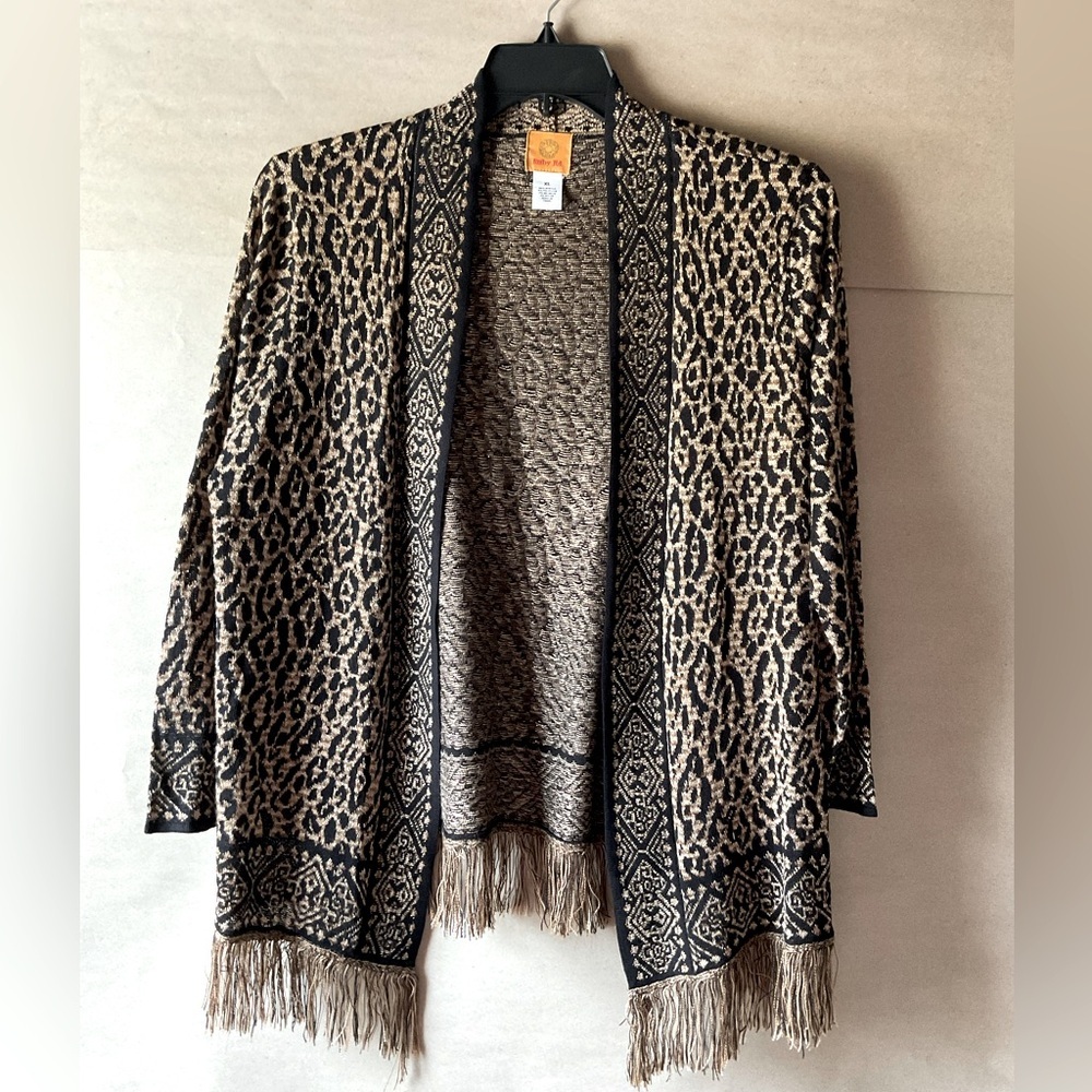 Ruby Rd. Animal Print Cardigan with Fringe. Size XL